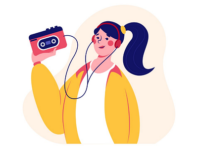 Girl with cassette player 90s cassette character design design drawing flat style girl illustration illustrator music player recorder vector illustration web