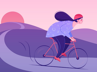 Girl on bicycle 2d adobe illustrator bicycle cartoon character design design flat style girl graphics illustration landscape riding sport sunset vector web