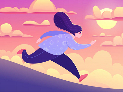 Running girl 2d adobe illustrator body positive cartoon character design flat style hobby illustration running sky sport sunset vector web