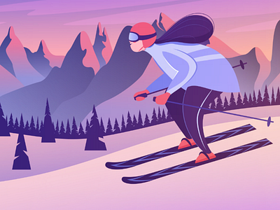 Skiing girl 2d adobe illustrator body positive cartoon character design flat style hobby illustration mountains skiing sky snow sport sunset vector web winter