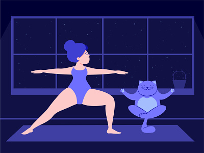 Yoga Cat. Night 2d adobe illustrator attractive body positive cat character cute animal design fitness flat style girl graphic health healthcare illustration night mode sport vector yoga yoga pose