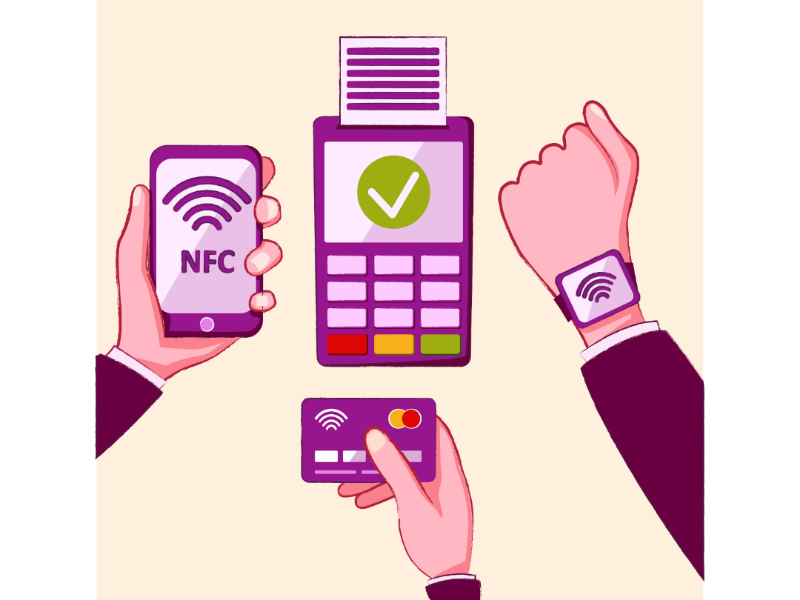 NFC. Contactless payments. digital illustrator watches credit card mobile phone hands wireless nfc payment contactless vector artist illustration vector