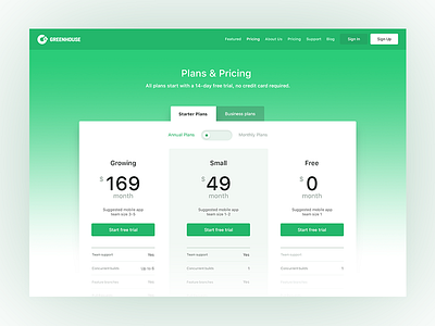Greenhouse - Pricing bootstrap web layout dynamic pricing chart green color scheme landing page design minimal clean design pricing page design pricing plans dashboard responsive grid startup interface design user experience user interface design ux ui