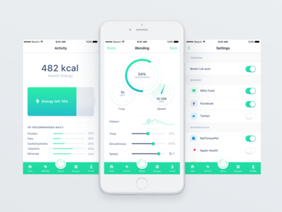 Millo app blender app design calories fats vitamins kcal energy battery activity minimal clean design mobile app mobile application native ios app settings user profile stats layout design ui ux user interface