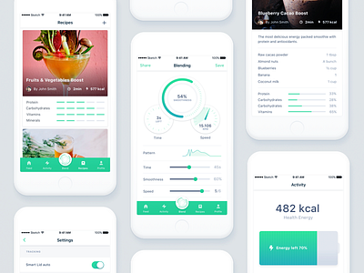 Millo app blender app design calories fats vitamins kcal energy battery activity minimal clean design mobile app mobile application native ios app settings user profile stats layout design ui ux user interface