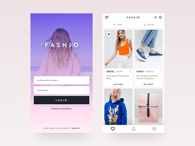 Fashio App - Login and Products Page card product ecommerce clean app design clothing store ecommerce shop fashion application ios fashion app iphone x login screen minimal interface product list ui ux