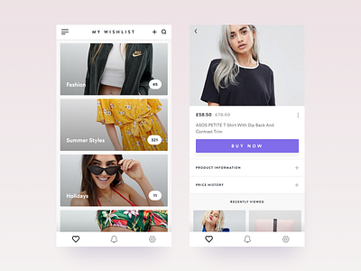 Fashio App - Wishlist and Product Page card product ecommerce clean app design clothing store ecommerce shop fashion application ios fashion app iphone x login screen minimal interface product list ui ux
