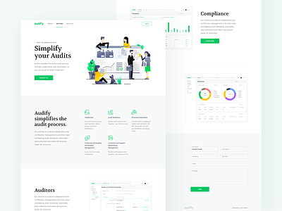 Audify - Landing Page analytics dashboard audit process b2b software company certification management collaborate platform customer supplier management data collection minimal clean design product design ui ux