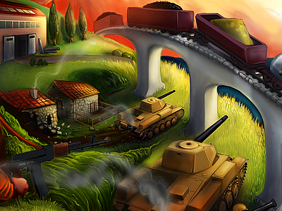 browser game illustration attack business grass houses indutrial ocean sea ships tanks war water weapons