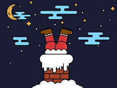 Fat Santa chimney christmas flat holidays illustration night roof santa sky stars