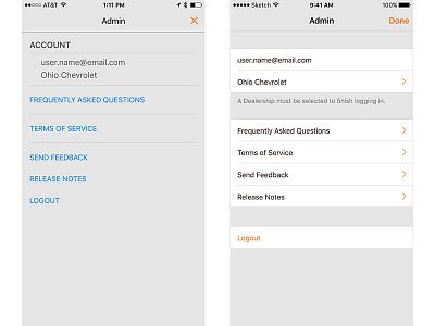 Admin/Account Screen ios mobile ui ux