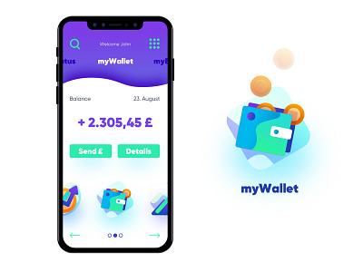 "myWallet" app app concept banking brand branding clean concept design digital illustration interface ios purple ui ux wallet