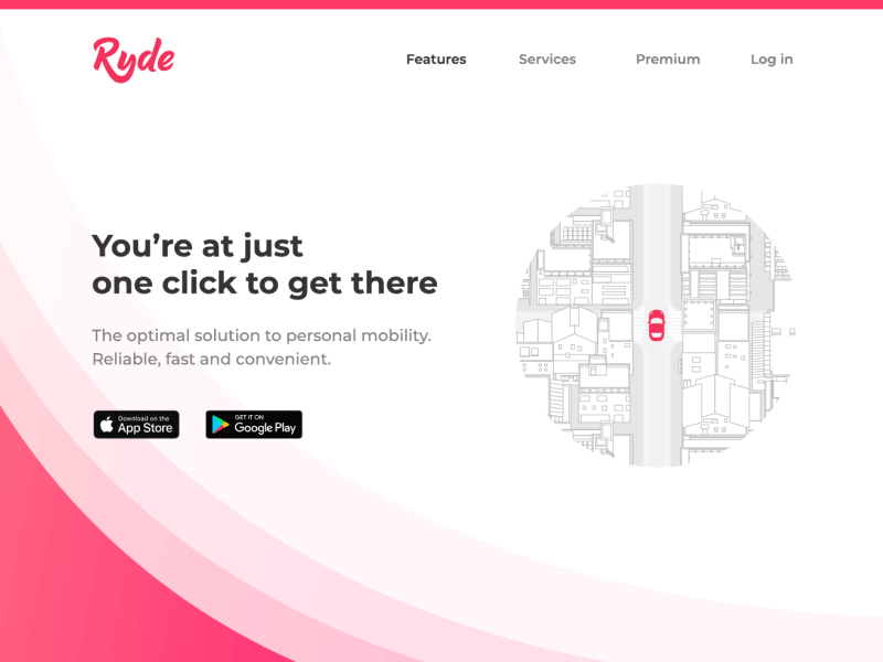 Ryde website concept animation car car sharing city hero illustration landing motion graphics red transport ui design vector web design website