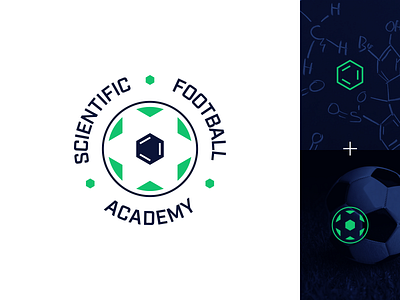 Scientific Football Academy logo badge ball brand identity branding chemistry concept design football geometric hexagon identity logo logo design mark science soccer sport sports symbol technology
