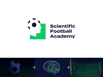 Scientific Football Academy logo concept ball brain brand identity branding concept design face football human identity logo logo design mark negative space negative space logo science soccer sport sports symbol