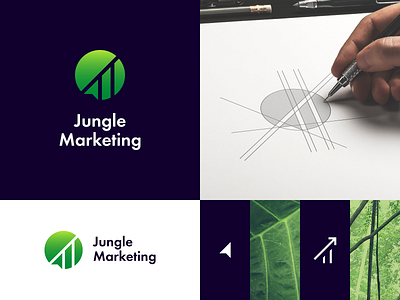 Jungle Marketing logo design arrow brand identity branding concept forest growth identity jungle leaf logo logo design mark marketing marketing agency negative space negative space logo social media symbol tree tropical