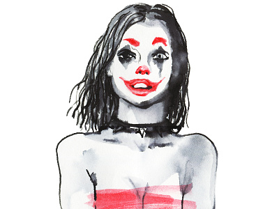 Portrait of girl with Joker make up. Ink illustration. beauty black face fashion illustration girl grunge halloween hand drawn illustration illustrator ink joker make up monochrome paint portrait red watercolor woman