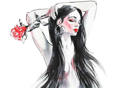 Painting portrait of young woman with red rose. Ink illustration art artwork beauty black character face fantasy fashion illustration female girl hand drawn illustration illustrator monochrome night red rose sexual white woman