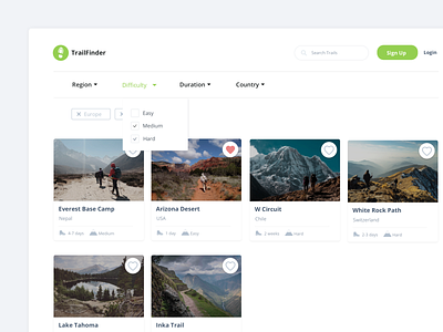 TrailFinder Web App Dashboard filter filtering filters trails ui uidesigner uiux uiux design uiuxdesign ux ux design uxdesigner uxuidesigner web deisgn webdesign