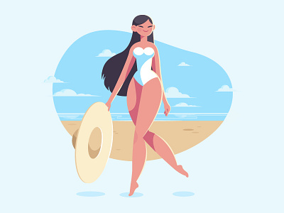 Walking on the beach beach bikini character character design colorful design girl hat illustration walking