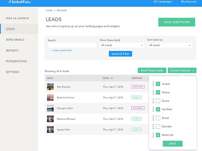 App Redesign - Leads Search app choose columns clean dashboard filter minimalistic search sort