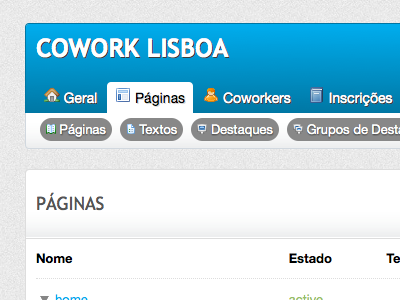 Cowork Lisboa backoffice menu admin cms ui web