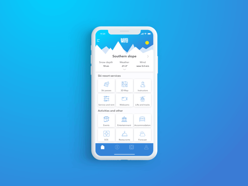 Parallax on dashboard of ski resort app ux ui application design winter mountains sketch app principle app principle iphone 10 ios app dashboard app animation dashboard ui ski resort parallax