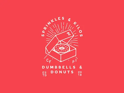 Dumbbells & Donuts badge crossfit donuts dumbbells fitness illustration junkfood kilos lettering lockup logo sprinkles typography