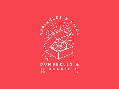 Dumbbells & Donuts badge crossfit donuts dumbbells fitness illustration junkfood kilos lettering lockup logo sprinkles typography