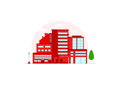 Shopping complex building illustration. building building illustration building vector city illustration flat flat illustration flat vector glass illustration lamp post red building shopping complex shopping mall simple illustration tree ui illustration ui vector vector window