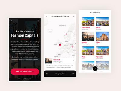 Future fashion capitals city clean fashion flat interface map minimal mobile red travel ui ux web website