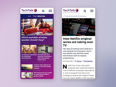 "Techtalk" blog for Currys PC World article article page blog clean color creative design flat fold minimal mobile news purple red technology ui ux web website white