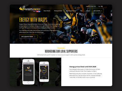 Wasps Energy clean clean design color creative dark design energy flat interface landing page minimal mobile rugby simple sport ui ux web website yellow