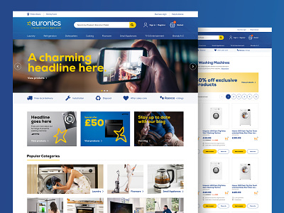 Euronics eCommerce website account blue clean design ecommerce flat hero homepage interface minimal products redesign shop simple ui ux web website white goods yellow