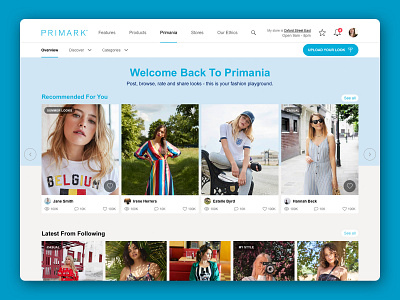 Primania redesign account blue clean clothes design ecommerce flat interface landing page minimal photos redesign share shop simple social ui ux web website