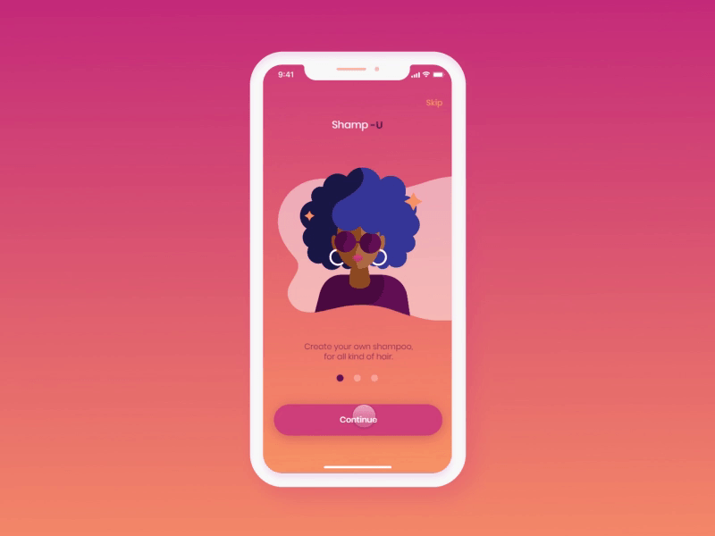 Daily UI 023 - Onboarding of Shamp-U bold colors customize product dailychallenge dailyui figma gradient hair illustration onboarding protopie prototype shampoo ui uidesign ux uxdesign