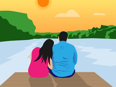 illustration - Couple at the river banner banner design cloud color couple design greenery header illustration illustration illustration design love peaceful river sky sun sunset vector water webbanner