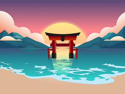 Japanese Shrine adobe illustrator digital art digital painting evening illustration japanese mountain sand sea shrine sky sun sunset