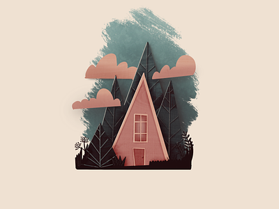 Cabin in the woods forest illustration papercut procreate texture