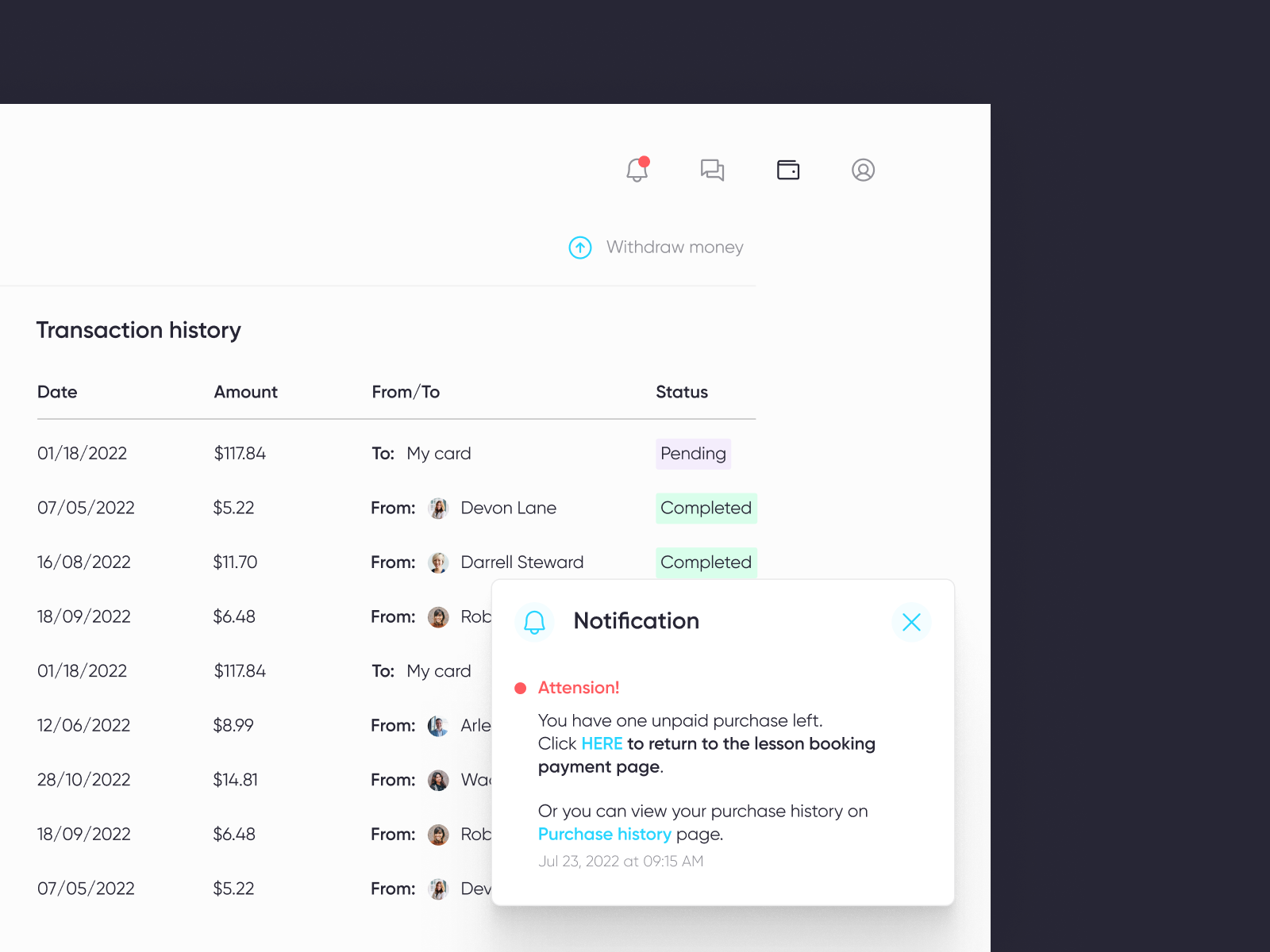 Transaction history page PreEdu by Viktoria Salomakhina on Dribbble