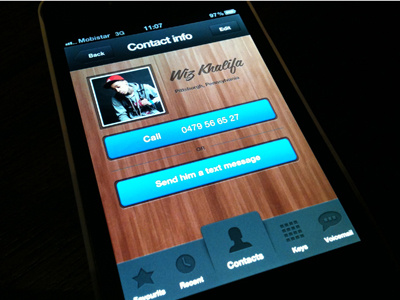Mobile UI app blue button contact contact info gray grey iphone iphone navigation navigation picture wood