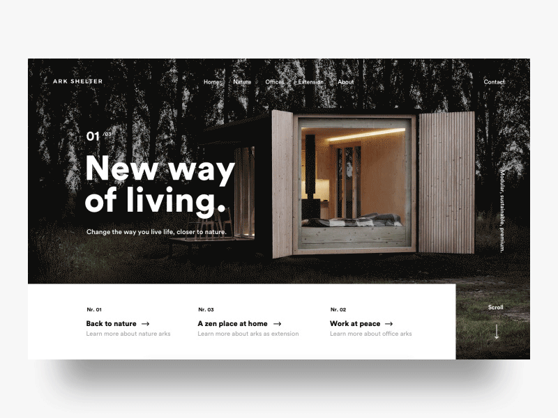Hero scroll Interaction cabin design house interaction nature principle ui ux woods