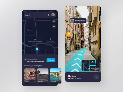 AR Navigation App based on Google map - Dark Mode android app ar car cards city clean clean gps tracker colorful dark mode future history location map minimal navigation routes tourism ui ux