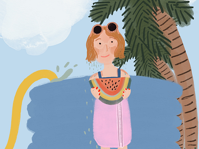 Watermelon pool daze digital gouache illustration portrait