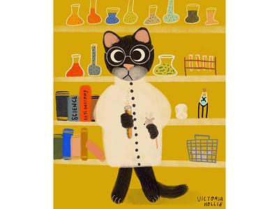 A cat scientist cat gouache illustration