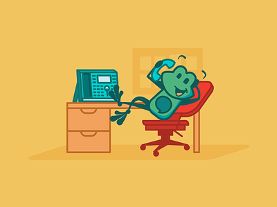 FreePBX Tango Scenes - Office character design chatting conference call design desk desk chair freepbx frog illustration lean back mascot office office desk phone post it note rolly chair talking tango vector work