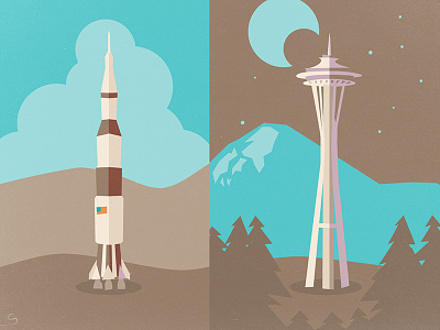 From Rocket Ships to Space Needles adobe illustrator cityscape huntsville illustration rocket rocket city seattle skyline space needle vector