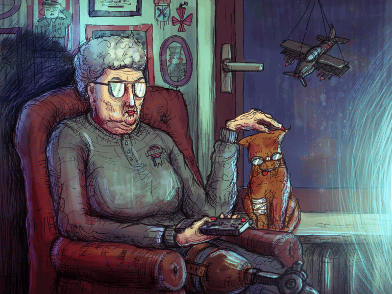 Veteran Granny cat granny illustration implant soldier television veteran war
