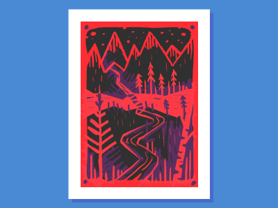 red mountains adventure forest linocut mountain tree