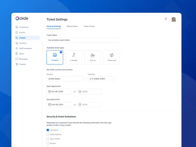 Event Ticket Settings admin panel clean crm dashboard design design app desktop event event app event ticket setting form illuminz interface search ticket ticket setting ui uiux ux web